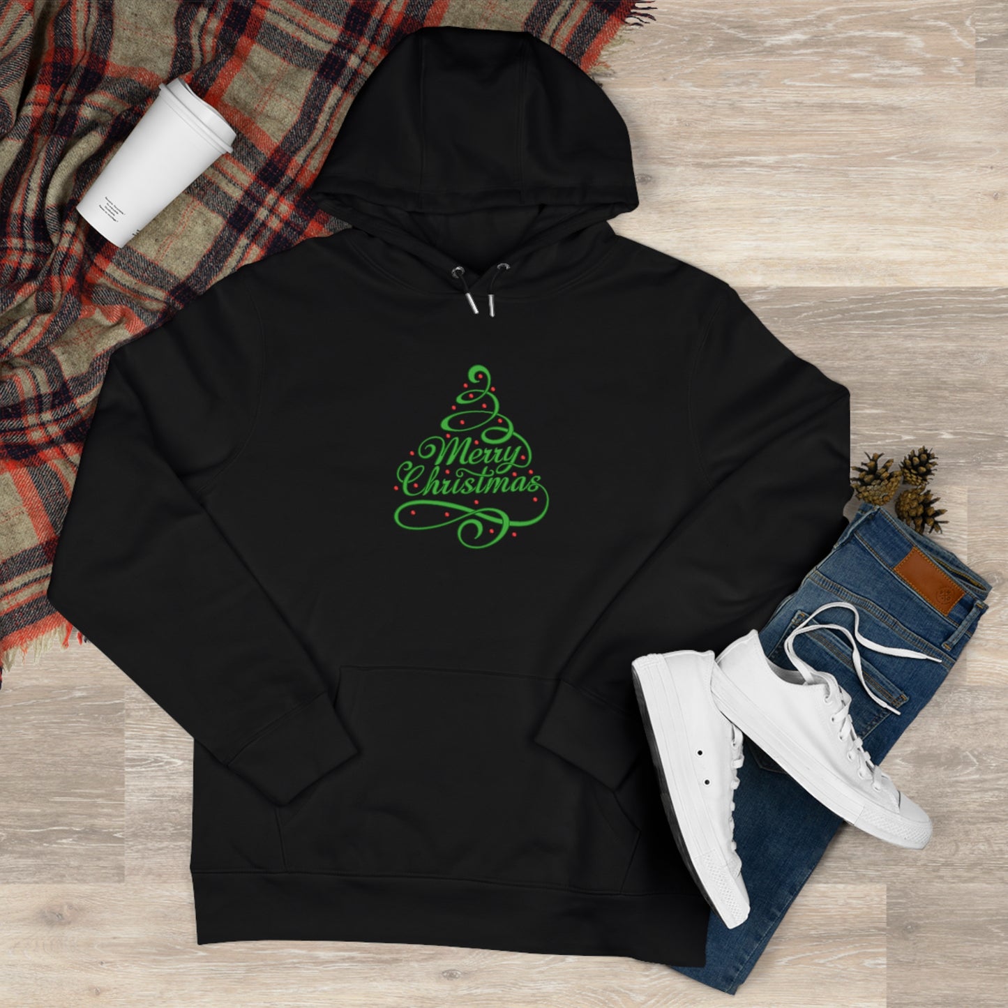Merry Christmas Tree Embroidered Hoodie | Festive Holiday Streetwear Pullover